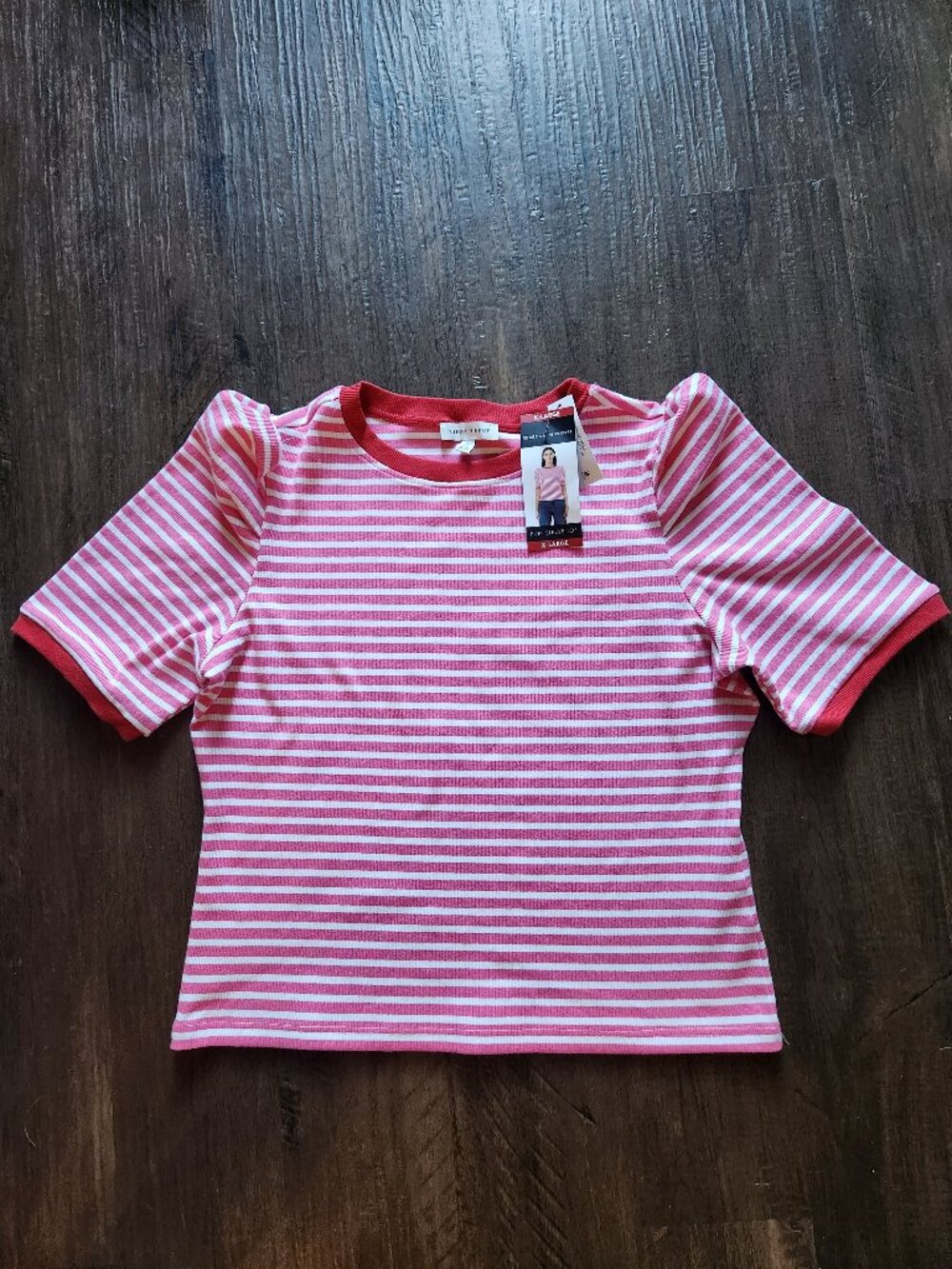 Rebecca Minkoff Womens XL Pink White Striped Crew Neck Puff Sleeve Knit Top